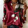 Women Satin Long Sleeve Shirt Tulip Floral Print Blouse Lapel Single Breasted Loose Office Tops