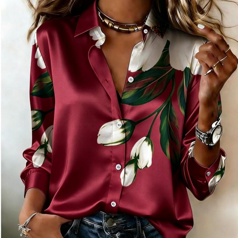 Women Satin Long Sleeve Shirt Tulip Floral Print Blouse Lapel Single Breasted Loose Office Tops