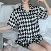 Europe & American Style Retro Literary Women Pajamas Trend Cool Black White Check Print Lounges Summer Fashion Homewear