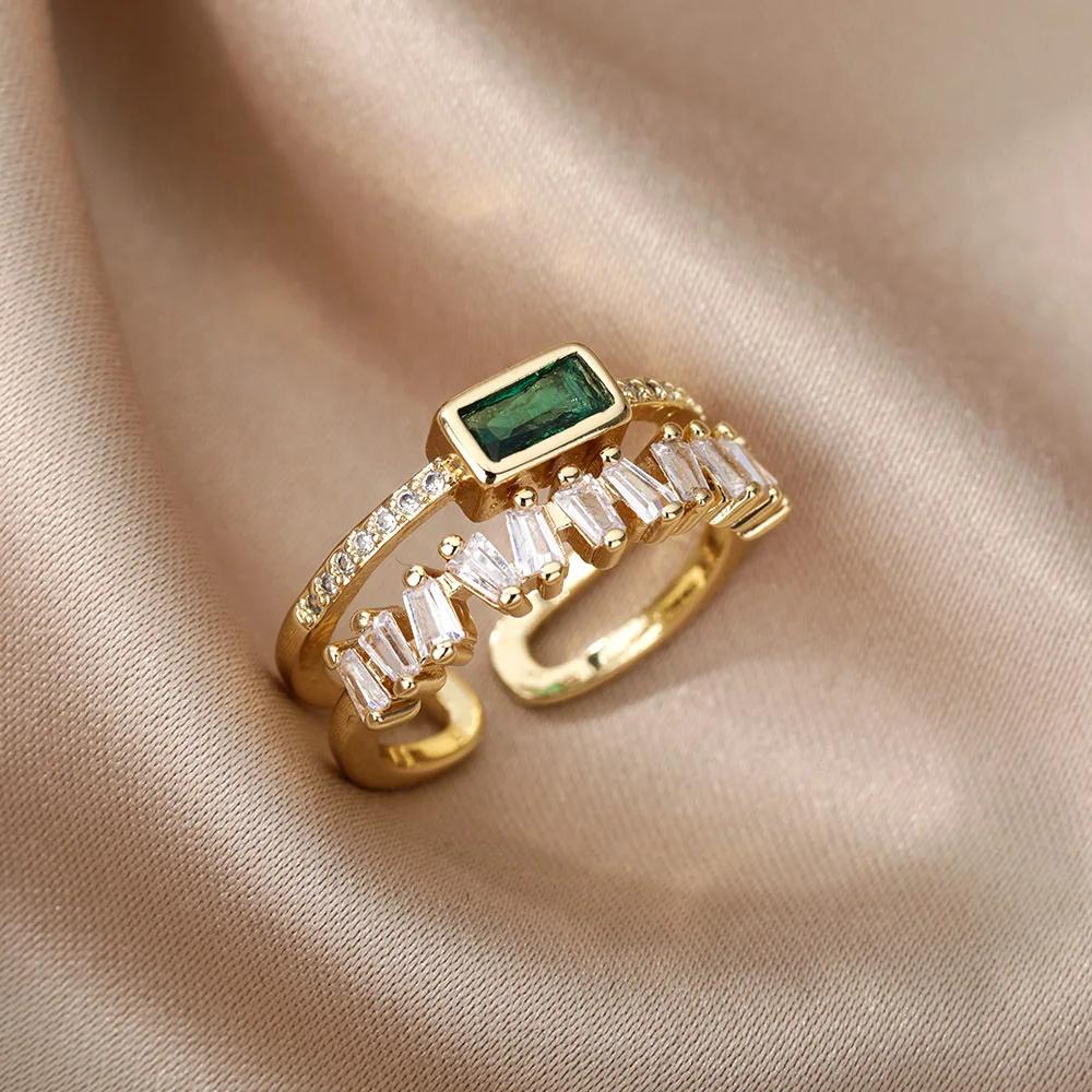 Luxury Green Crystal Double Layer Rings for Women Charm Gold Color Stainless Steel Zircon Wedding Bride Jewelry Accessories Gift