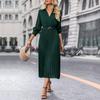 Autumn Winter Long Sleeve Soild V-neck Lace  A Line Knee Length Women Dress
