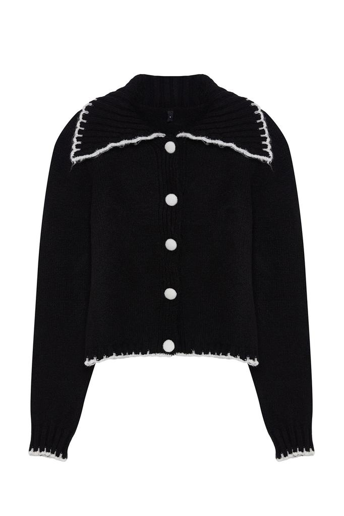 Women's Elegance Style Cardigan Black Soft Textured Contrast Color Knitwear Cardigan