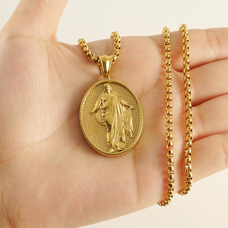 Personalized European and American style fashion stainless steel religious figure pendant clavicle chain titanium steel18k Atmospheric round sign