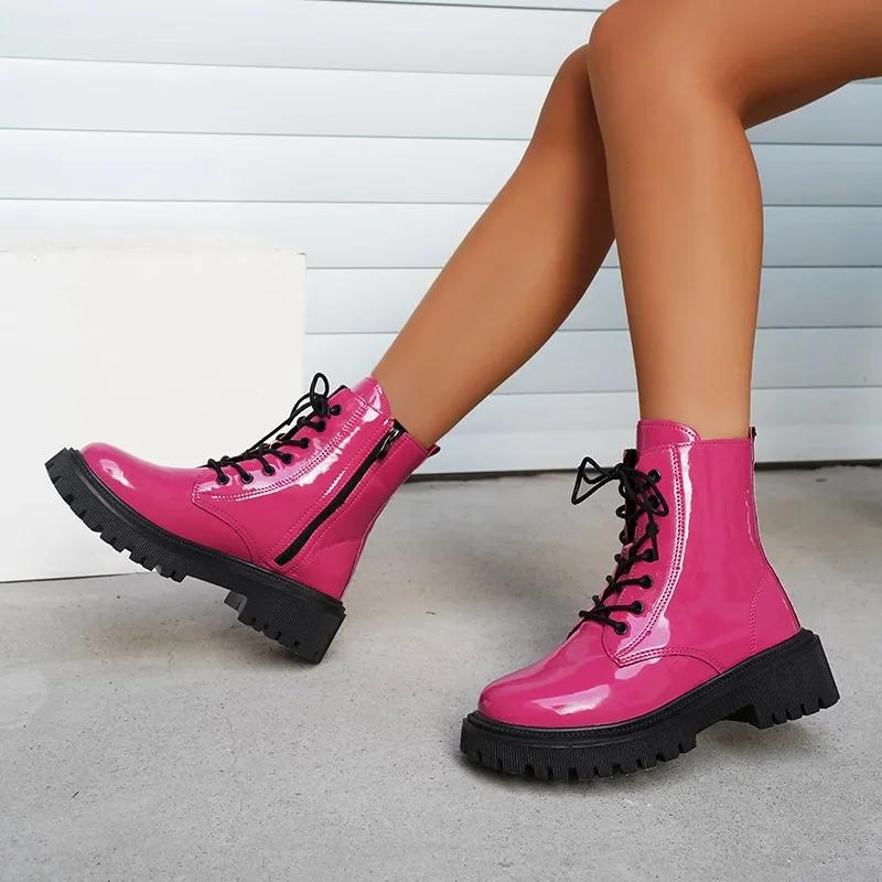 Women Fashion Pink Motorcycle Boots Pu Leather Platform Ankle Boots Autumn Winter Plus Size Lace Up