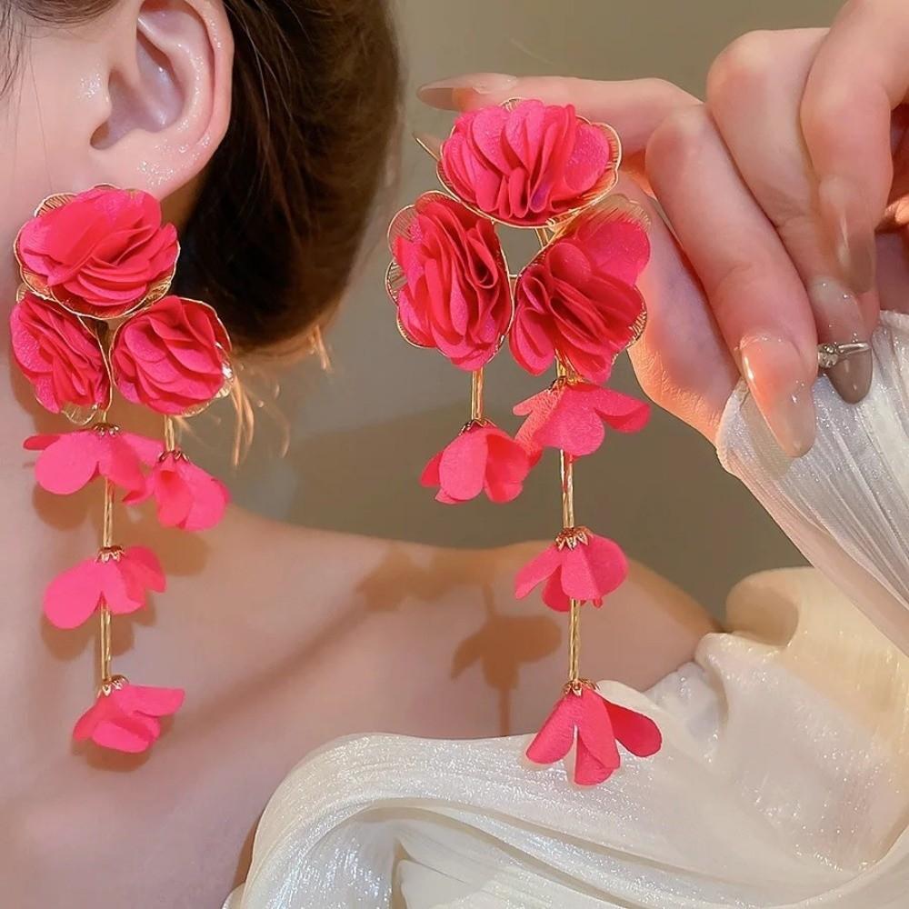Серьги с цветами из шифона и кисточками, разноцветные, женские, милые, длинные, свисающие, серьги-гвоздики, украшения для ушей