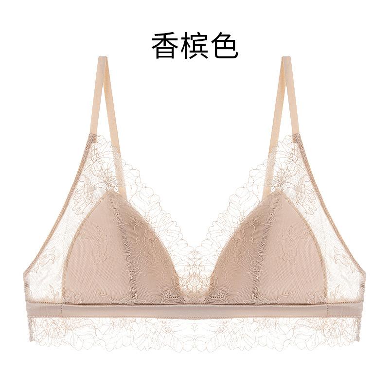 Spring and summer French silk triangle cup underwear, ultra-thin sexy lace small chest mulberry silk bra satin