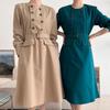 New Arrivals Open Run Round Neck Double Button Belt Trench Dress