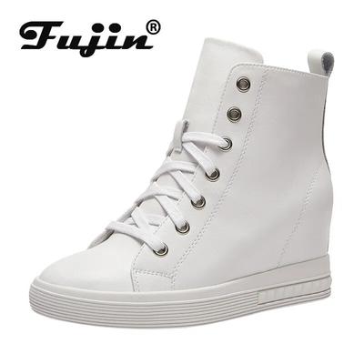 Fujin/7 см мотоциклетные ботильоны из натуральной кожи, женские женские туфли на шнуровке на скрытом каблуке на танкетке, осенняя обувь Челси в британском стиле