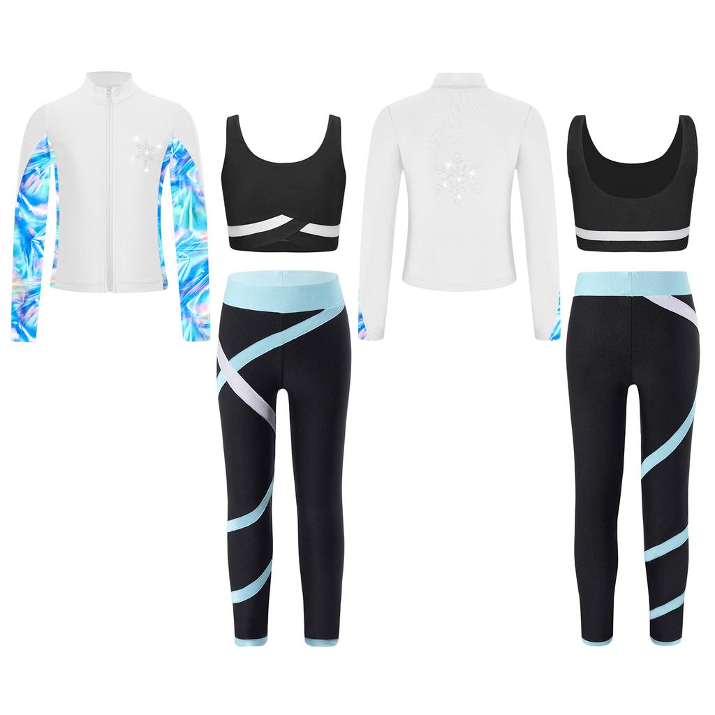 Детский спортивный танцевальный костюм для девочек из 3 предметов: укороченная майка с леггинсами и куртка с длинными рукавами, спортивный костюм