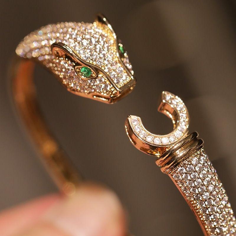 Новый инкрустированный браслет, Новый открытый браслет с головой леопарда и фиолетовым леопардом, Модный