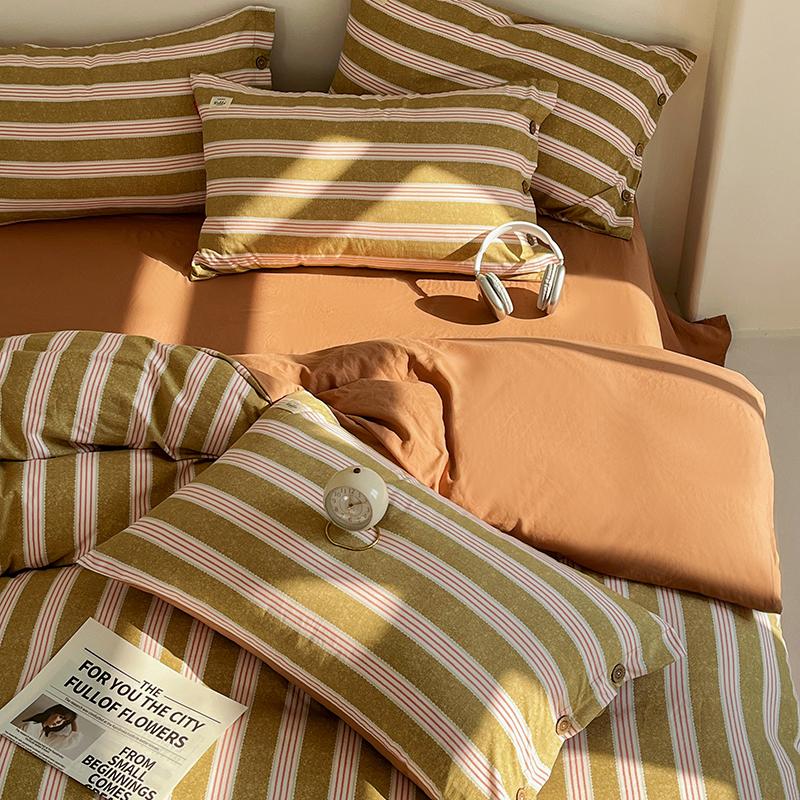 Stripe Bedding Set Plaid Duvet Cover 100% Washed Cotton 4pcs Bedding for Winter Bed with Sheet Pillowcases Home Textiles