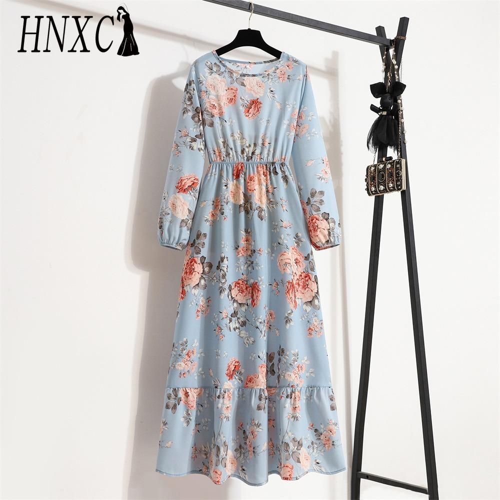 HNXC Весна Лето Богемный Женское Макси Платье Повседневный Длинный Рукав Высокая Талия Пляжное Платье Женские Цветочные Шифоновые Платья Vestidoes Mujer Новинка