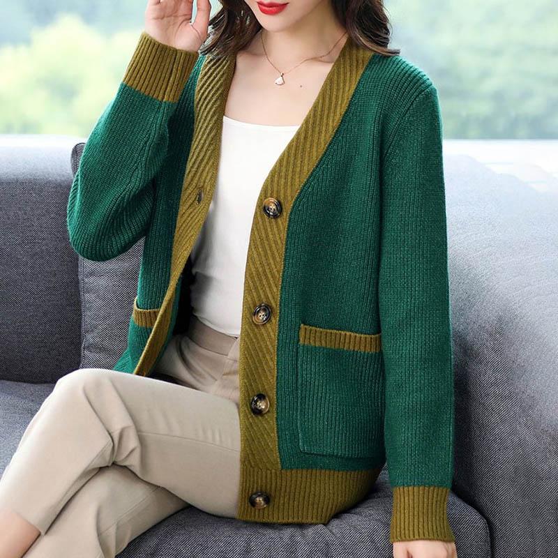 Женская куртка на весну и осень, свободный эластичный уютный свитер, кардиган, повседневный вязаный топ с v-образным вырезом