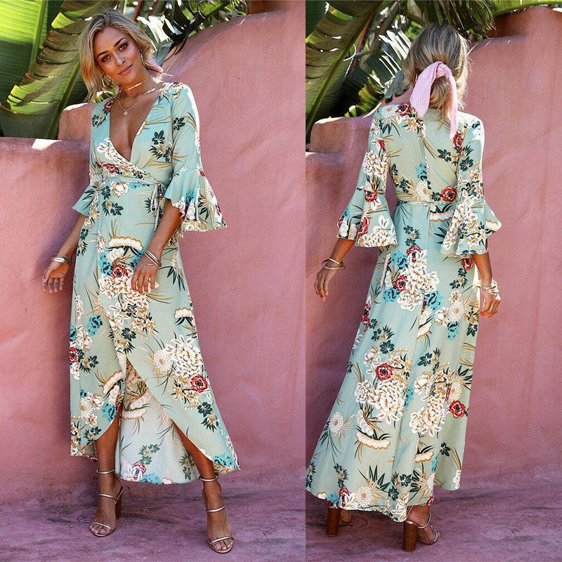 Элегантное женское платье с глубоким вырезом для праздника, украшенное ярким летним пейсли с разрезом макси.