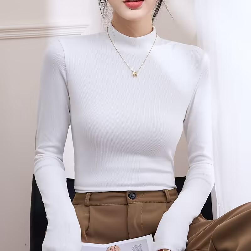 Women's Korean-Style Ribbed Small Stand-Up Collar Base Layer Top Long-Sleeved T-Shirt for Spring and Autumn Half-High Neck Slim Fit Inner Wear
