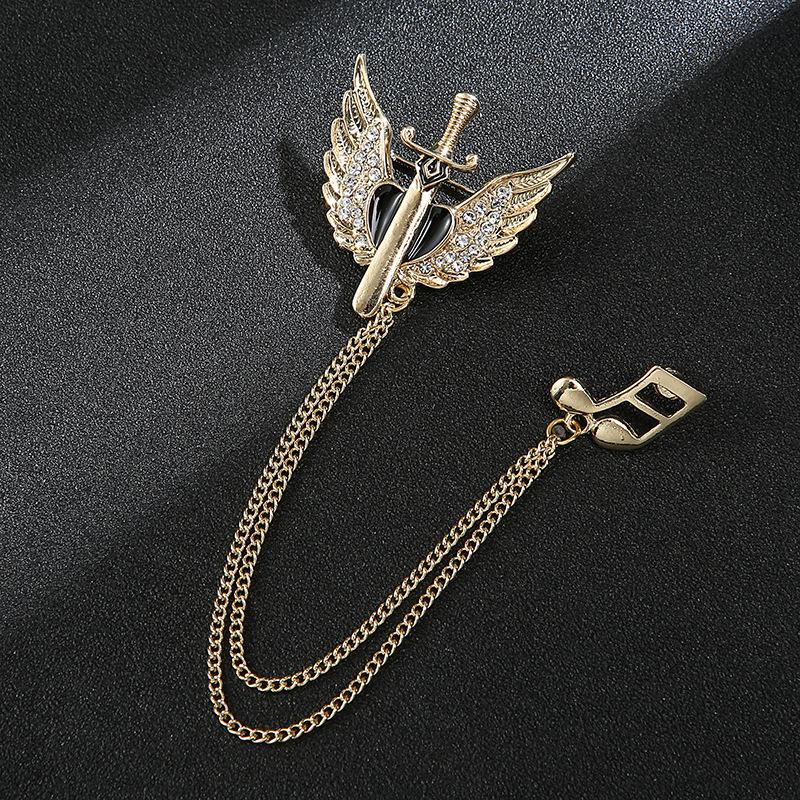 Black Gem Chain Fashion Brooch with Tassel for Men's Suit