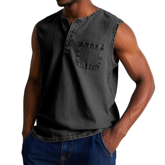 Men Tops Sleeveless Round Neck Buttons Half Placket Solid Color Camisole