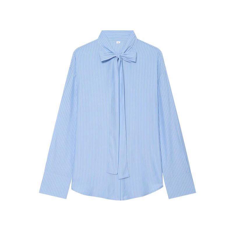 Womens Striped Long Sleeve Button-Down Shirt With Bow Tie Collar Office Chic Blouse Regular Fit 2026