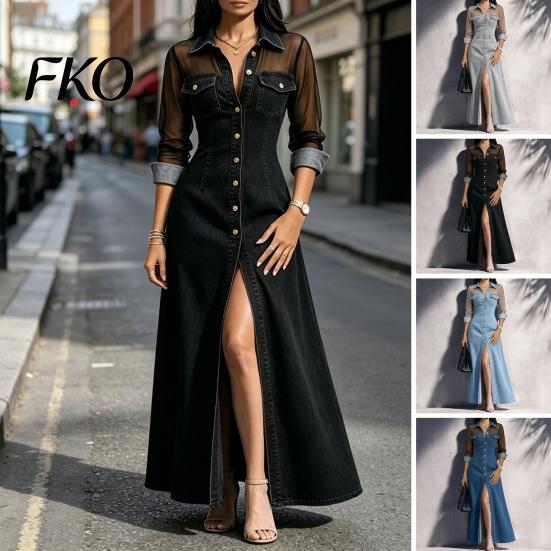 Polyester Dress Women Women's Sheer Mesh Long Sleeve Faux Denim Dress, Button Down Solid Color High Slit A-line Casual Party Going Out Outfits