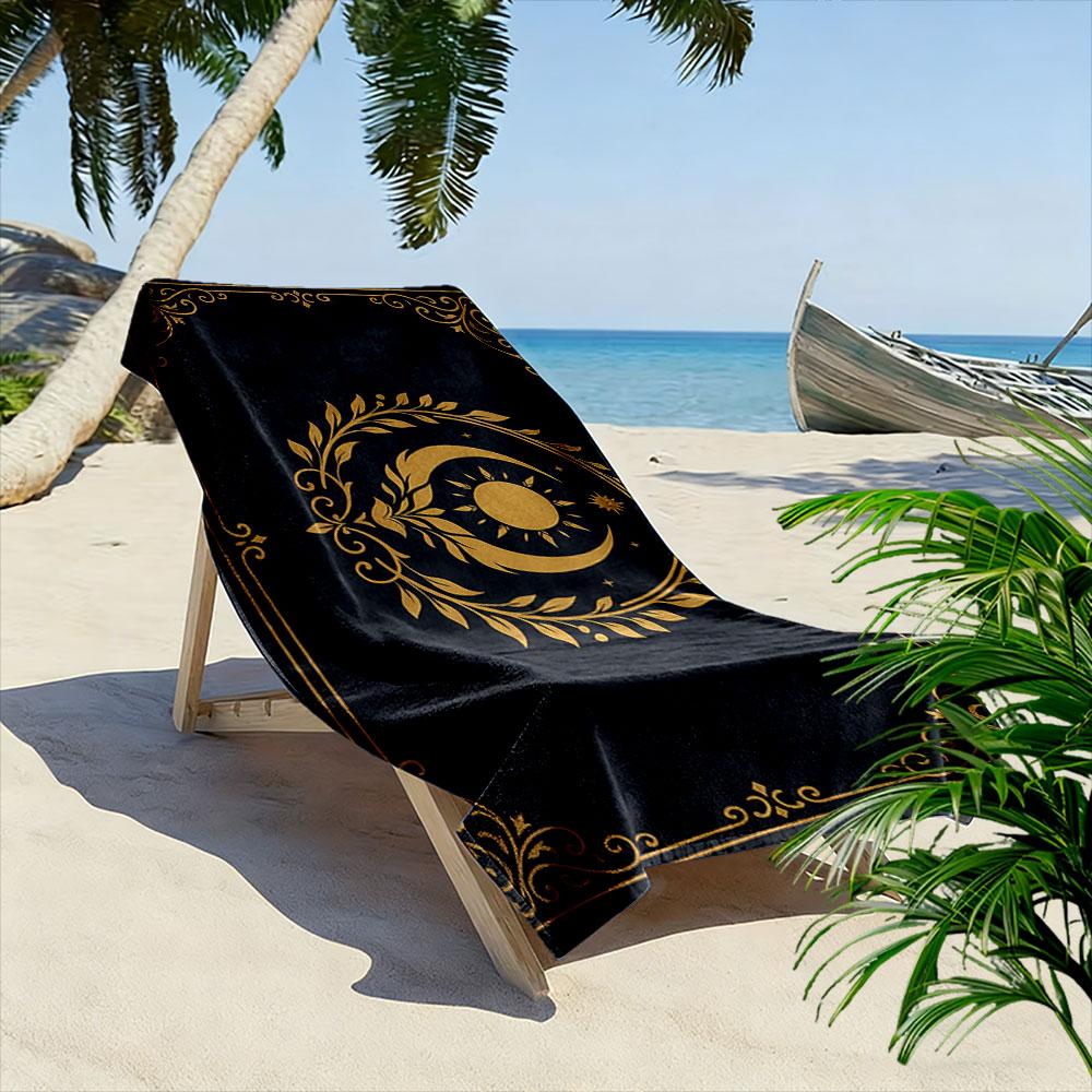 Giant Beach Towel Gold Ornament Sun Moon Print, Quick Dry Microfiber, Ultra Soft, for Beach Decor Gift