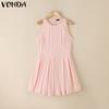Женское летнее платье без рукавов с круглым вырезом, однотонное, повседневное, А-силуэта, плиссированное