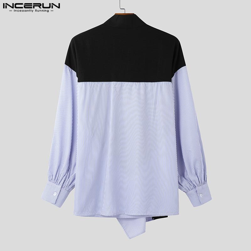 INCERUN Men V Neck Long Sleeve Front Cross Striped Patchwork Casual Irregular Shirts Tops
