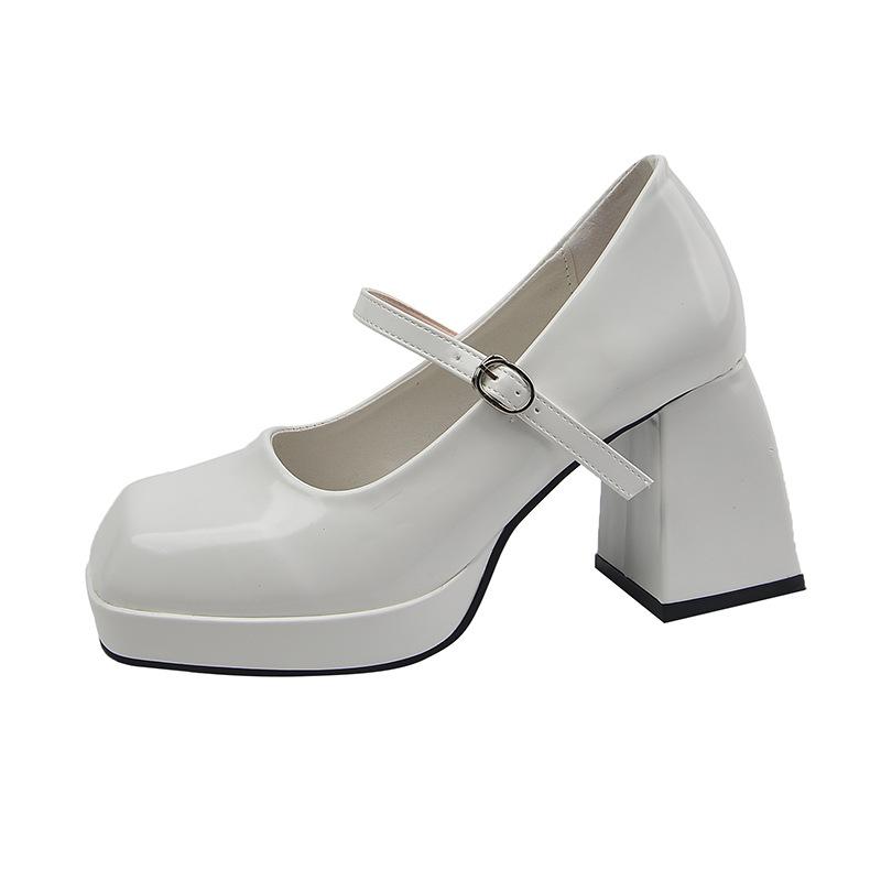 French Fashion Square Toe High Heels Women's Shoes 2023 Early Spring Platform Slotted Button Strap Thick Heel Shallow Cut Single Shoe