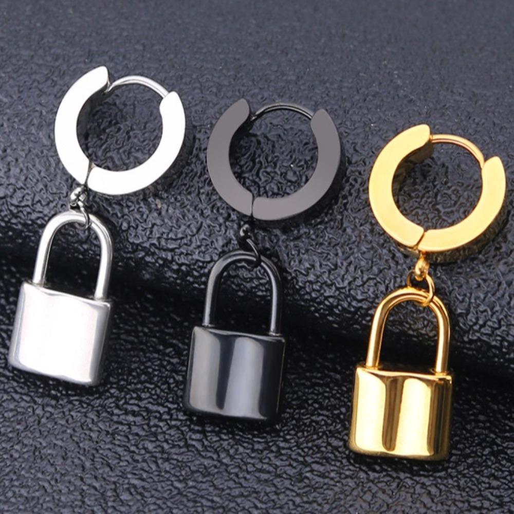 Personality Clip Earrings Lock Pendant Fashion Jewelry Cool Hoop Earrings Men