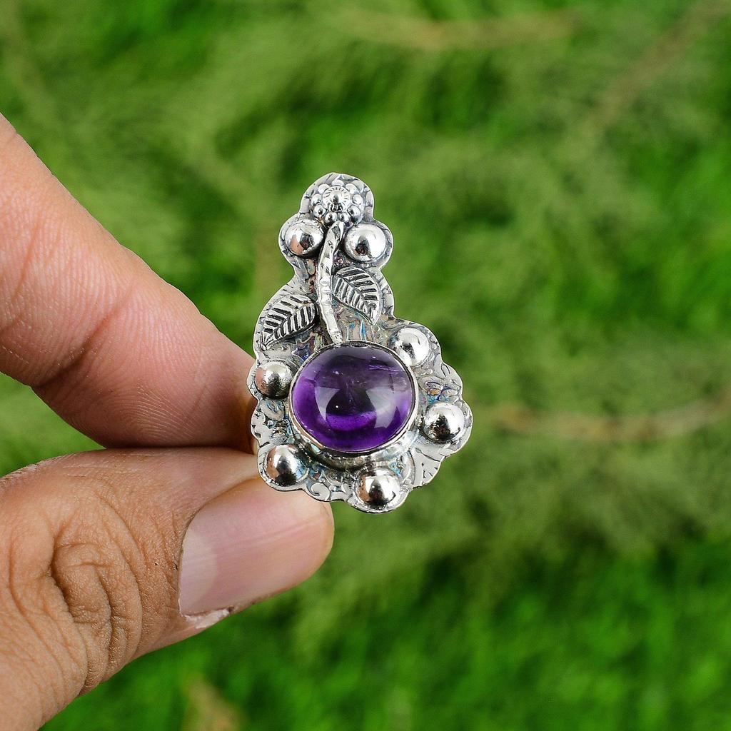Sterling Silver Round African Amethyst Gemstone Statement Flower Ring Jewelry