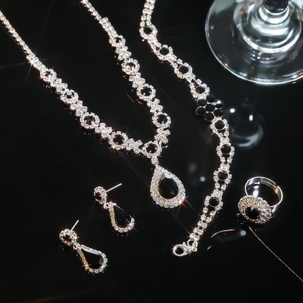 Европейский и американский многоцветный набор украшений со стразами: Зеленый, Синий и Красный Ожерелье, Серьги, Браслет и Кольцо