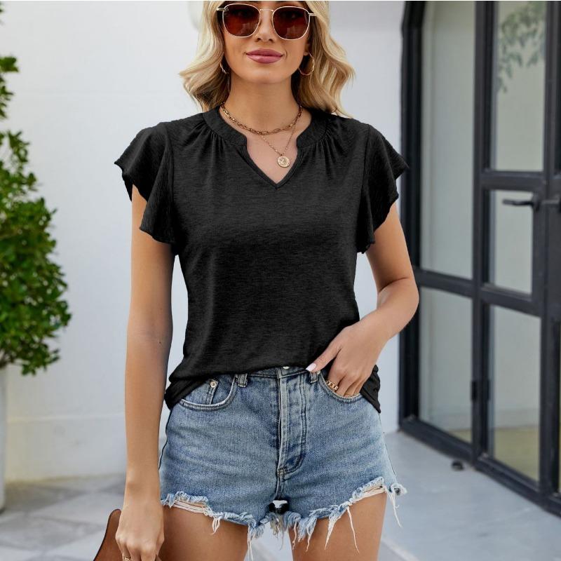 Летняя женская футболка с v-образным вырезом, однотонная, свободная, с рукавами в виде листьев лотоса, удобная повседневная футболка, топы