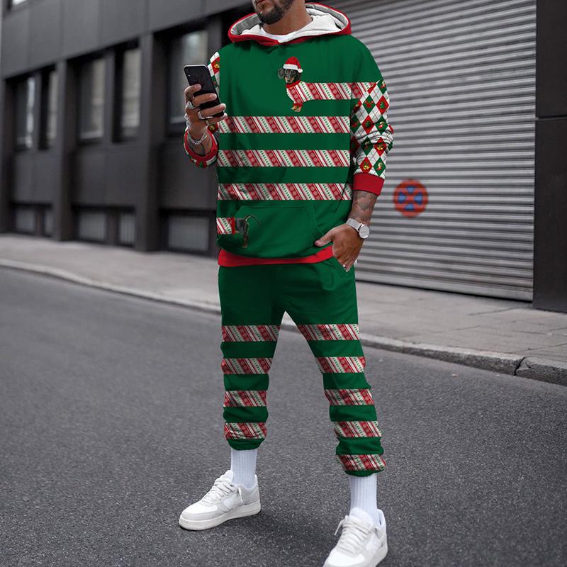 Зимний рождественский комплект с капюшоном для мужчин и женщин, уличная одежда, повседневный пуловер, свободный спортивный костюм для бега, толстовки с 3D принтом + длинные брюки