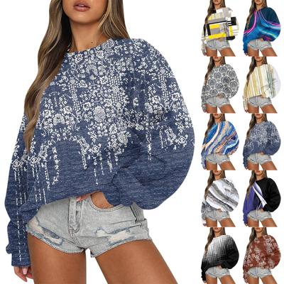 Женская повседневная мода ретро цветочный принт длинный рукав трикотажный спортивный топ свободного кроя