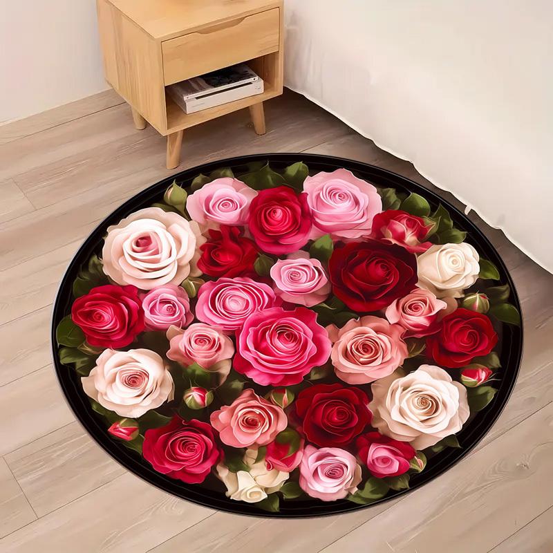 Rose Bouquet Round Rug Flannel Red Pink White Flowers Romantic Valentine Gift Wedding Anniversary Decor Bedroom Floor Mat Soft
