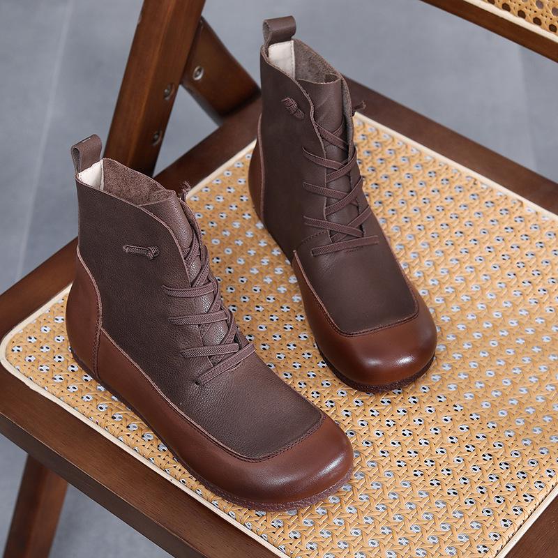 Женские сапоги из коровьей кожи с круглым носком в стиле ретро, осень/зима 2023 г. — теплые, с бархатной подкладкой, плоская подошва, размер XL