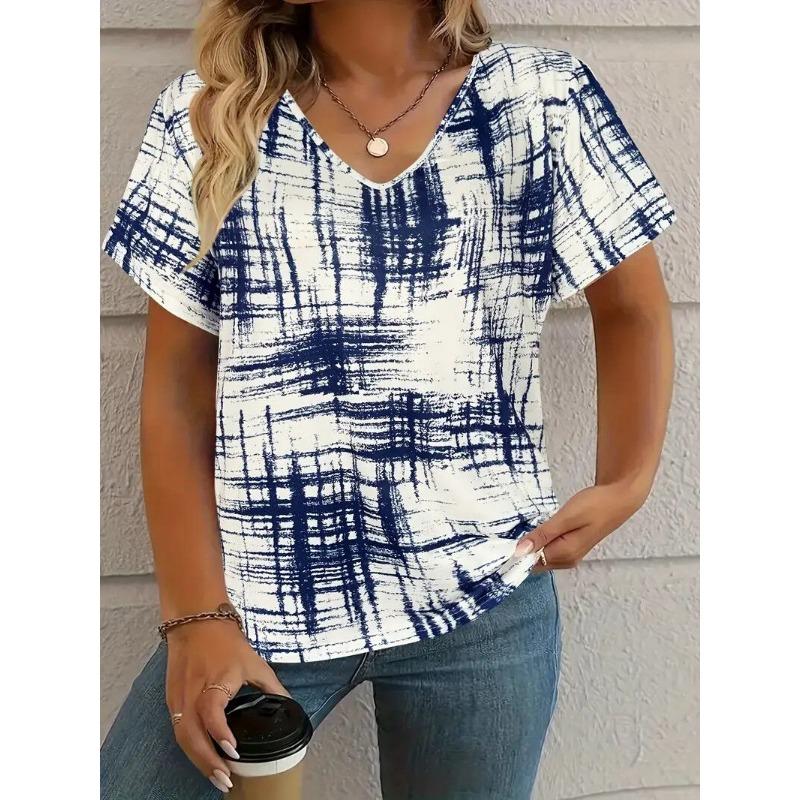 Summer Women's T-Shirt Vintage Casual Plaid Printing Fashion V Neck Pullover Short Sleeve Printed Loose Daily Tops Large Size Design Clothe