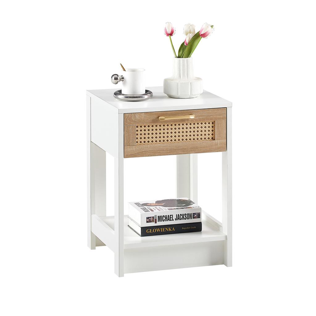Rattan side table with drawer, modern nightstand, side table for living room, bedroom, white-H55/B40/T40 cm