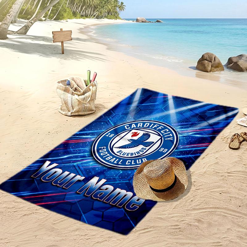Cardiff City Personalized Printed Beach Towel Soccer Logo Support Custom Name Text Absorbent Towel For Sport Travel Special Gift