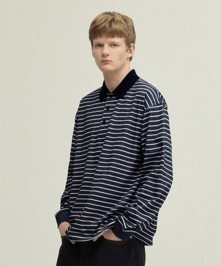 URBANDTYPE Paris Stripe Long Sleeve Polo Shirt_Dark Navy
