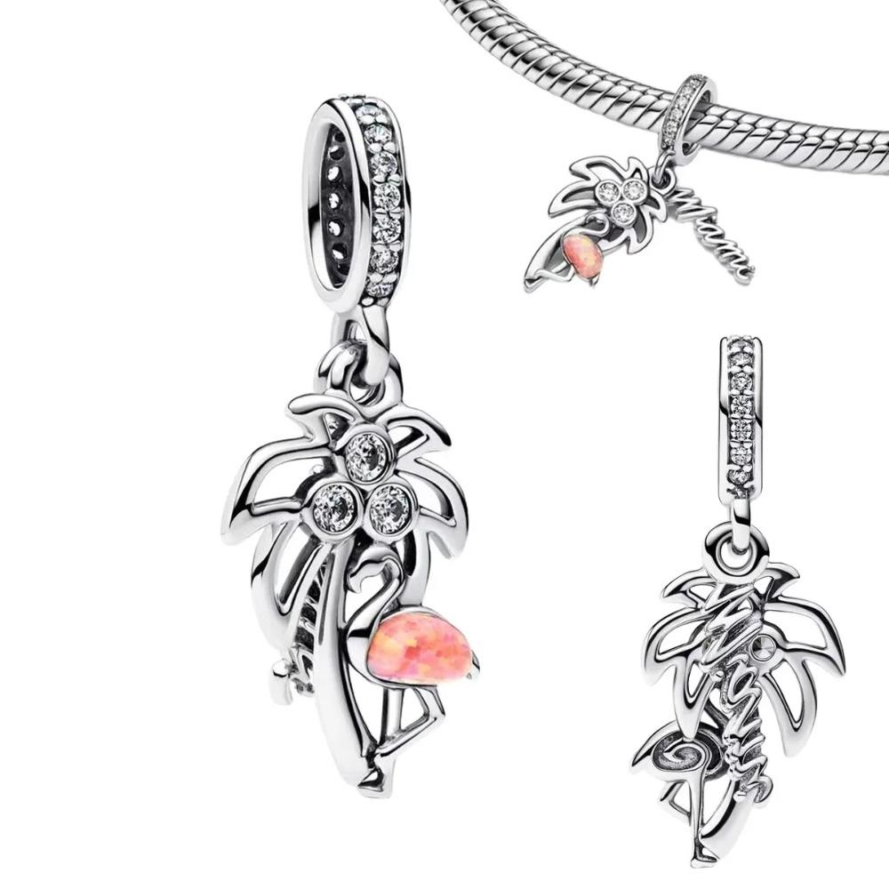 925 Silver Pink Blossom Dangle Charm Butterfly Heart Flower Rose Bird Bead For DIY Necklace Bracelet Fine Jewellery