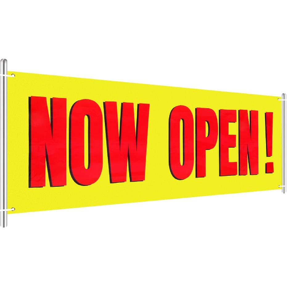 Large Now Open Banner Outdoor Indoor Signs Polyester Oxford Cloth Now Open Sign Hanging Banner for Lawn Outside Business Shop Decoration, 3 x 8