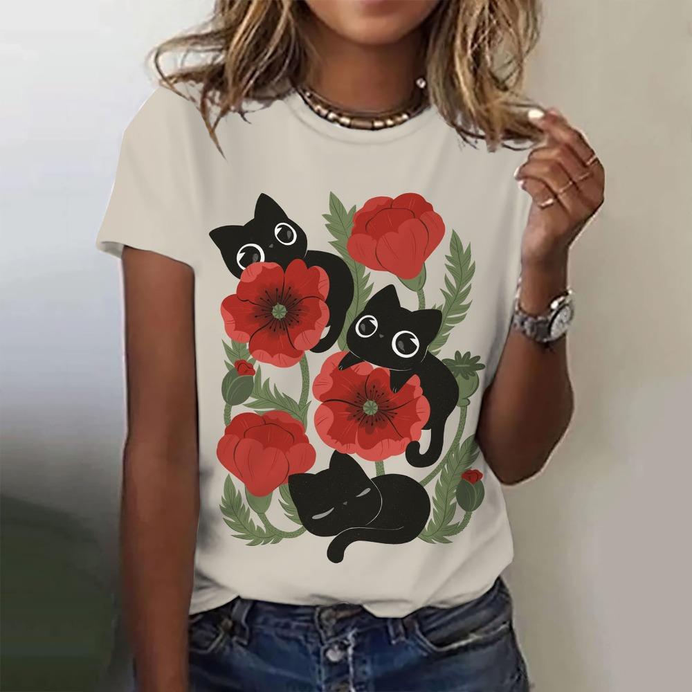 Women's T-Shirt Summer Short Sleeve Casual the Beautiful Flowers Print Top Funny Pattern Pullover T Shirts for Girls Sweater