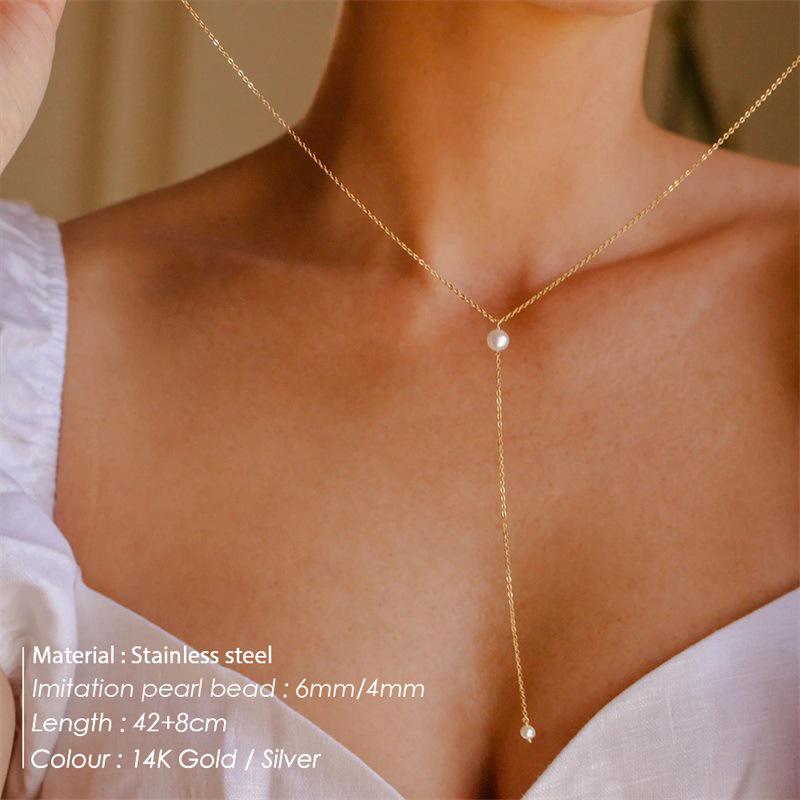Регулируемое Y-образное колье-подвеска с искусственным жемчугом 14K золота - Гипоаллергенный чокер из нержавеющей стали