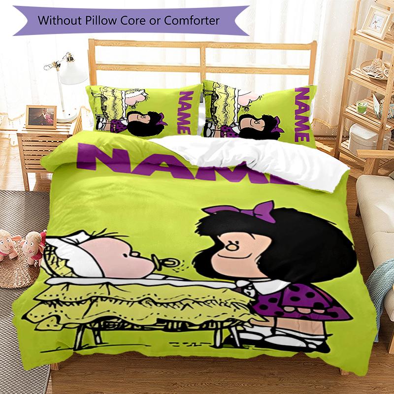 3pcs Custom Name Cartoon Mafalda Bedding Set Duvet Cover Closure Includes 1 Duvet Cover & 2 Pillowcases for All Seasons Bedroom Decor