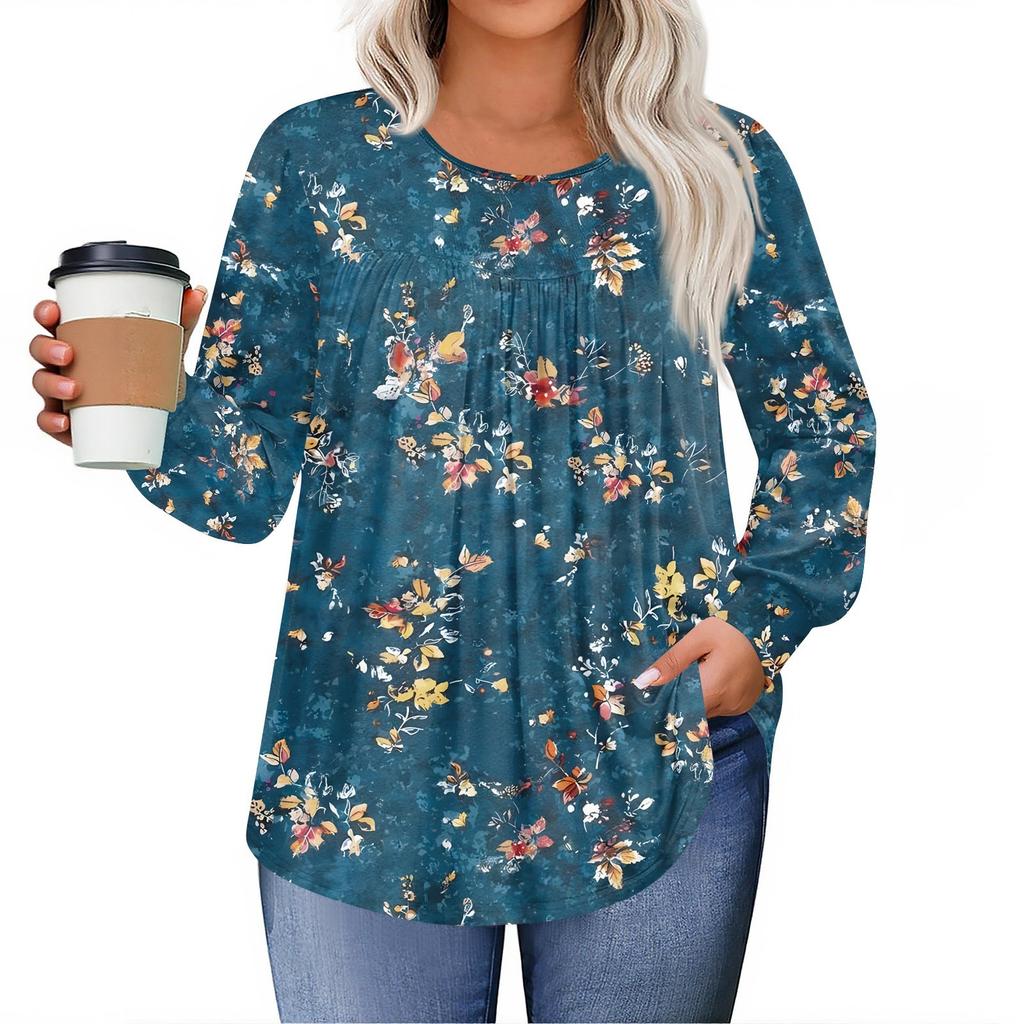 Womens Plus Size Tops Long Sleeve Shirts Round Neck Flowy Tunic Casual Loose Blouse L-5X