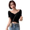 Women's Top Ruched V Neck Solid Short Sleeve Knitted Slim Crop Tops T-Shirt