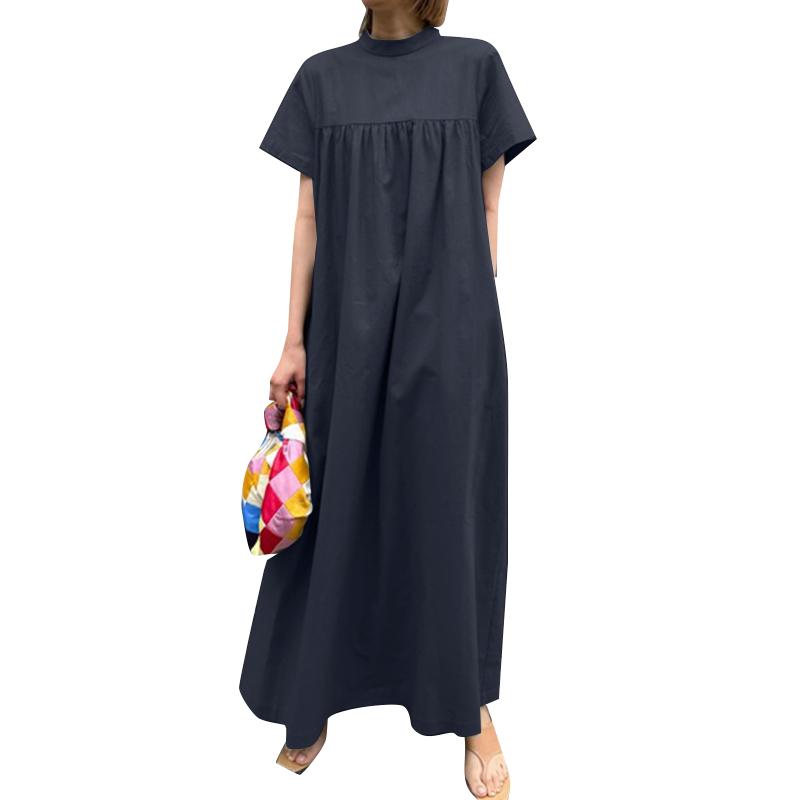 ZANZEA Женское повседневное свободное платье с воротником-стойкой и коротким рукавом