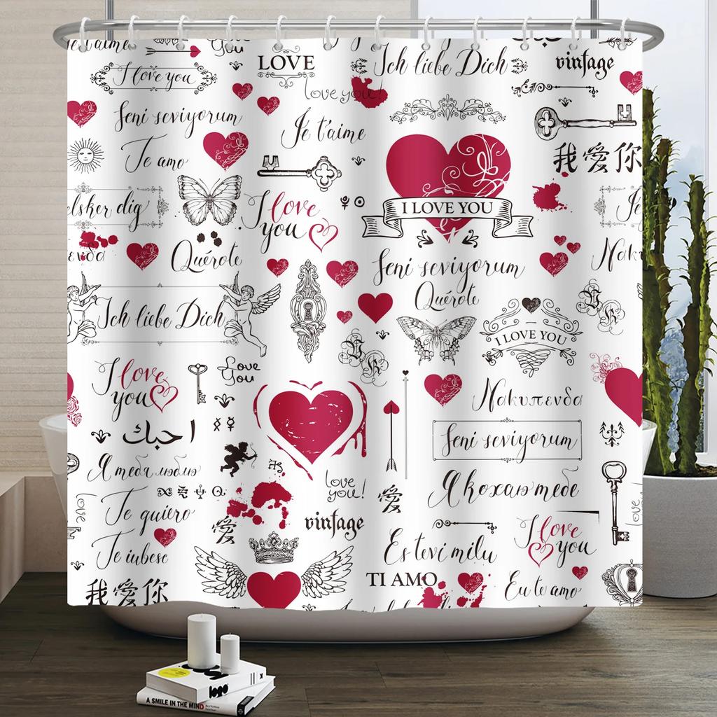 Happy Valentines Day Heart Shower Curtain Red Pink Romantic Falling Love Heart Sweet Lovers Waterproof Bathroom Curtain Decor