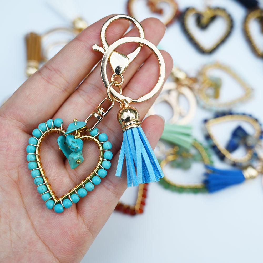 Natural stone keychain, bag pendant, bohemian style, creative decoration, heart-shaped jewelry