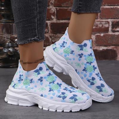 Модные Модные Кроссовки для Бега с Принтом для Женщин 2025 Весна Дышащие Вязаные Кроссовки Женские Большого Размера Нескользящие Платформенные Спортивные Туфли